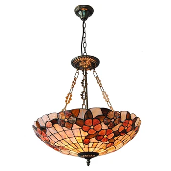 

Baroque Style Stained Shell Inverted Pendant Lamp E26/E27 Vintage Flowers Pattern Hanging Light Bedroom Living Room Fixture P708