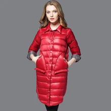 Новое осенне-зимнее Элегантное Длинное пуховое пальто для женщин ультра легкие 90% белые пуховики на утином пуху по бокам с открытой вилкой ветрозащитная верхняя одежда Mw420