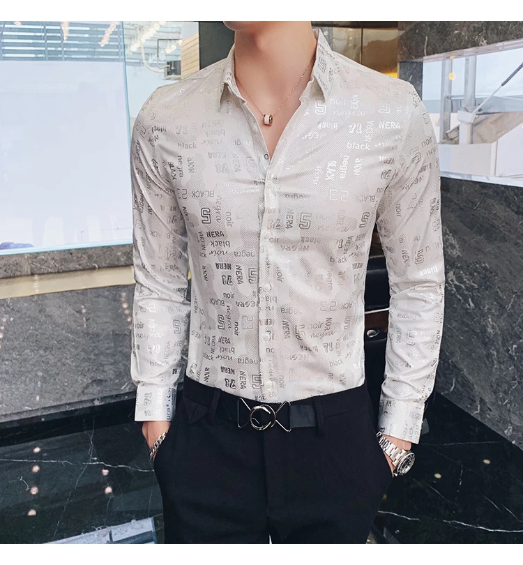 Camisa Social, приталенные, серебристые, золотые, с принтом, рубашки, Camisa MasculinaRopa De Hombre, повседневные рубашки, мужские Клубные рубашки, дизайнерские