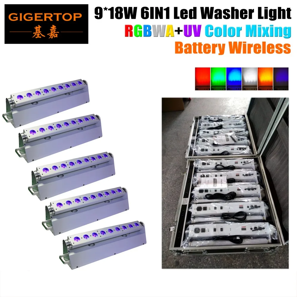 

Flight case 5 in 1 + 5XLOT 9*18W 6 IN 1 RGBWA UV Wireless Battery Led Washer Light High Quality DMX Led Wall Washer Bar Light