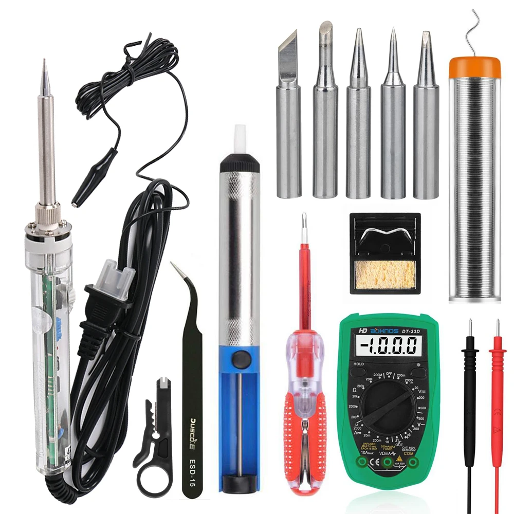 

220V 60W Adjustable Temperature Electric Soldering Iron Kit Soldering Station Stand Multimeter Desoldeirng Pump Welding Tool Set