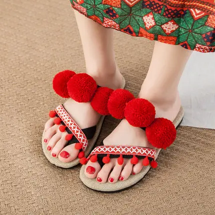 red Женские сандалии с помпонами; Boho Hemp Espadrilles; пляжные шлепанцы; Летние праздничные Вьетнамки; Размеры 35-44 - Цвет: red