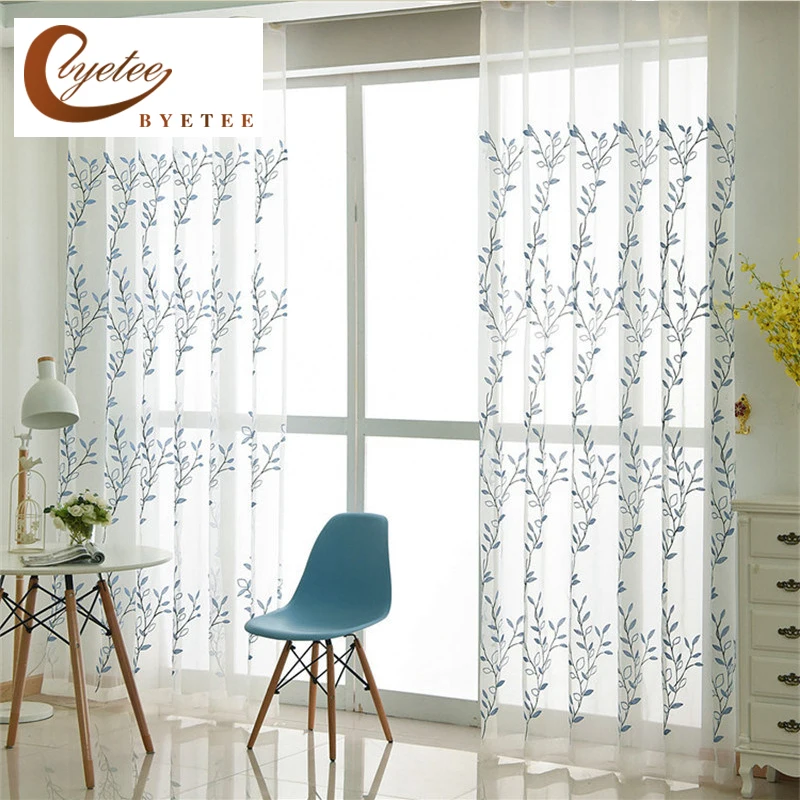 

[byetee] Fresh Simple Tulle Curtains Embroidered Solid Color Living Room Doors Curtain Fabrics Kitchen Drapes Tulle For Bedroom