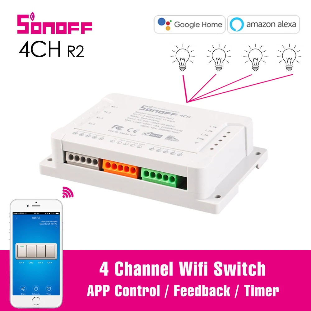 Sonoff 4CH R2 умный Wifi переключатель 4 банды выключатель света 433 МГц RF пульт