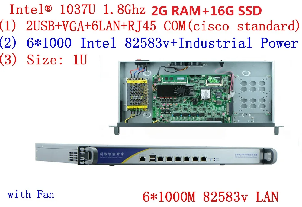 Память 1U сетевой экран поддержка ROS RouterOS Mikrotik PFSense Panabit Wayos C1037u 6 * Gigabit 1000M 82583v 2G RAM 16G