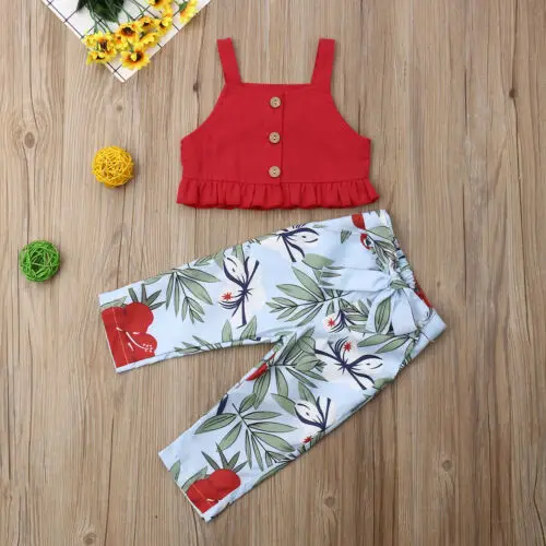 

Toddler Kid Baby Girl Clothes Strap Tops+Flower Long Pants Summer Outfits Set