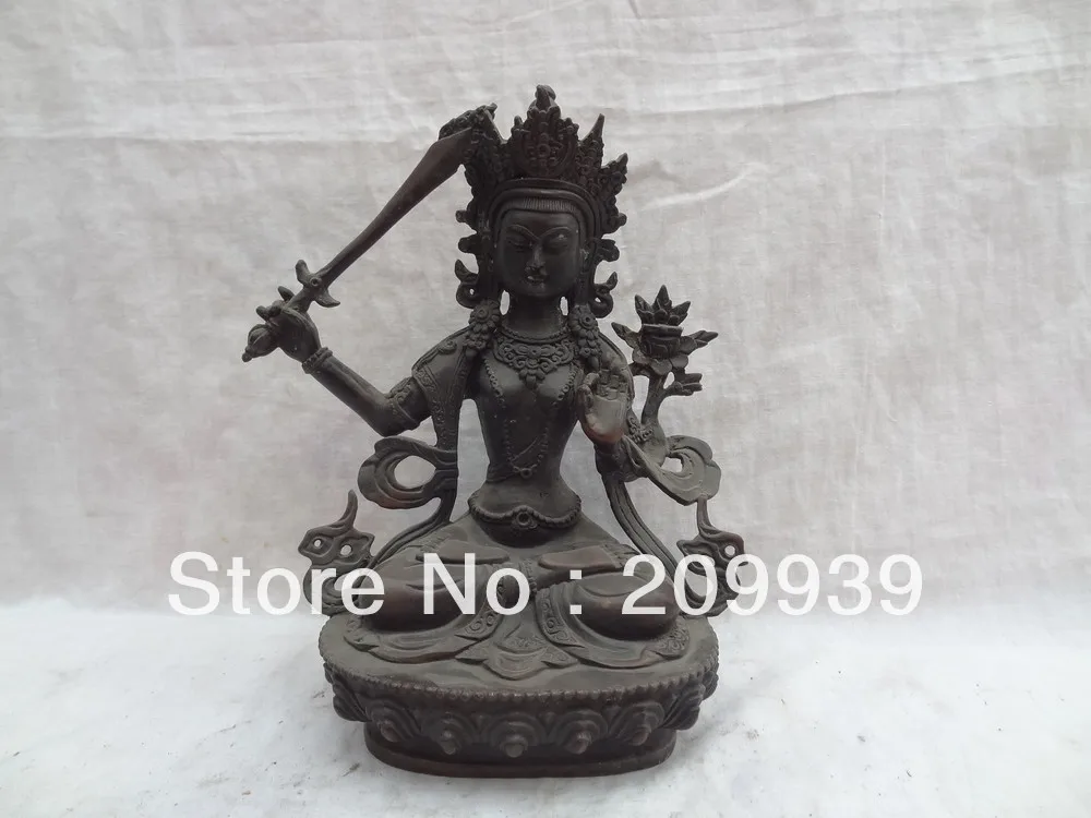 

00611 9" Tibet Tibetan Bronze Buddhism Joss Protect Lotus Manjushri Buddha Statue