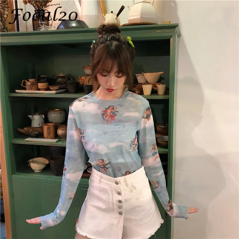 

Focal20 Sweet Angle Mesh Color Block Female T Shirt Crew Neck Long Sleeve Hit Color Slim Spring Summer Women T-shirt