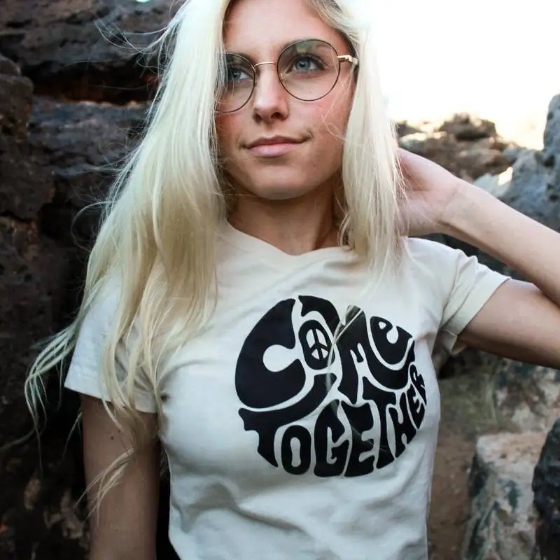 Come Together Peace Womens Graphic Hippie T shirt World Unity Retro slogan 90s fashion tumblr goth grunge roupas tee tops | Женская