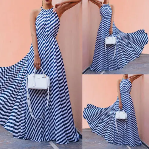 

Women's Vintage Long Maxi Dress Striped Sleeveless Summer Dress Holiday Beach Dress