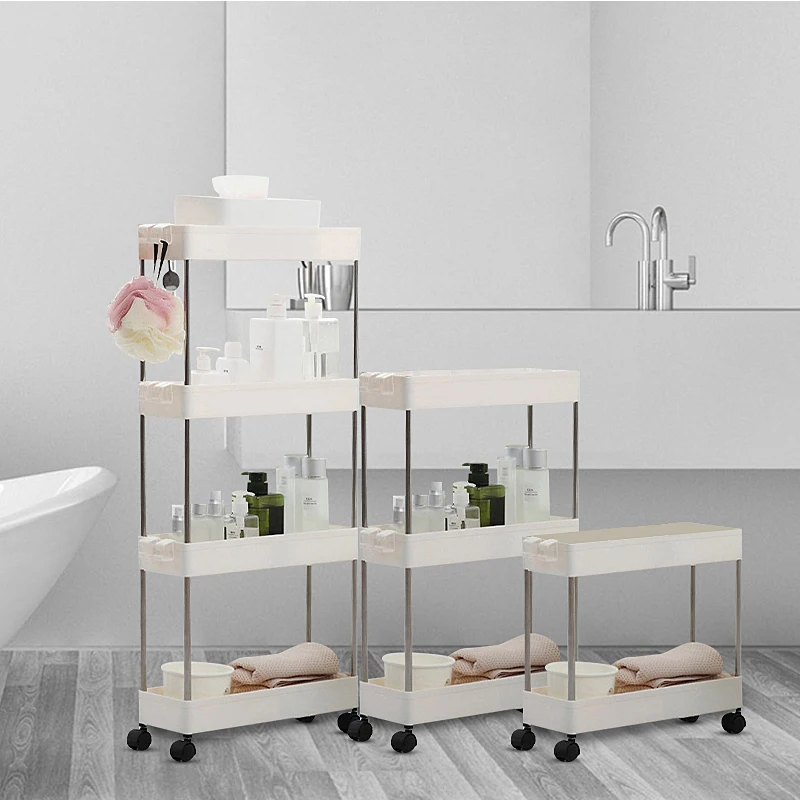 

2/3/4 Layer Gap Wheeled Storage Rack Kitchen Bathroom Slim Slide Rack Movable Assemble Plastic Shelf Space Saving Organizer