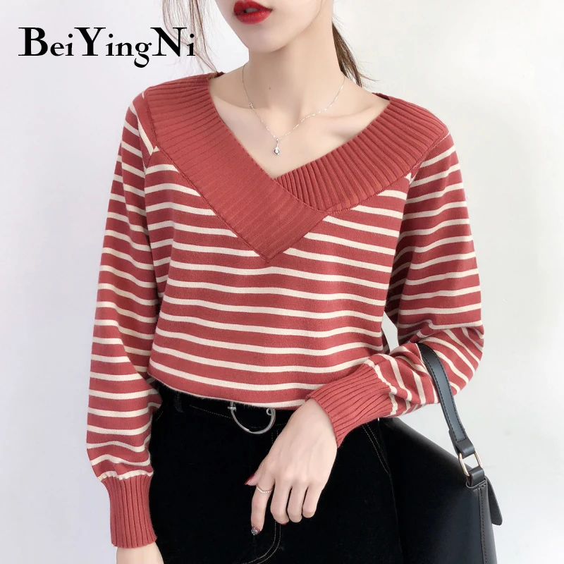 

Beiyingni Autumn Women Sweater Knitted Striped Loose Korean Female Pullover Soft Casual Vintage V-neck Sweaters Woman Winter Top
