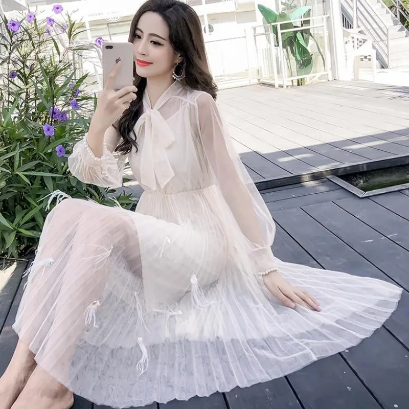Young Gee Spring Princess Sweet Dress Lace Bow Collar Lantern Pearls Beading Sleeve Women Floral Pleated Party Dresses vestidos