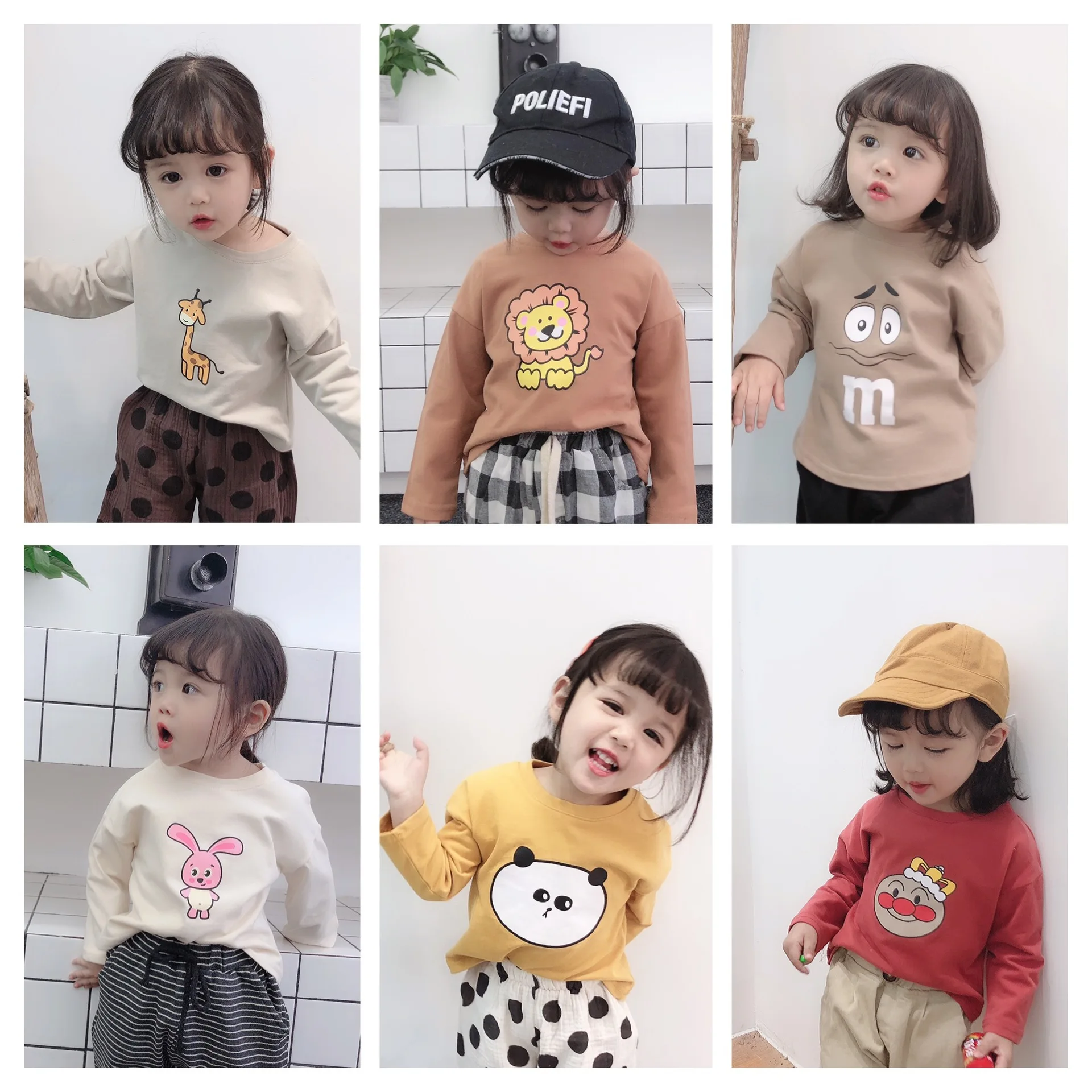 

2019 Spring Summer boys girls cartoon long sleeve T shirts cute kids pure cotton all-match casual Tees children Multicolor tops