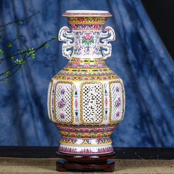 

Antique Jingdezhen ceramic Vase qianlong pastel blue and white pierced double ears ancient vase Decorations furnishing articles