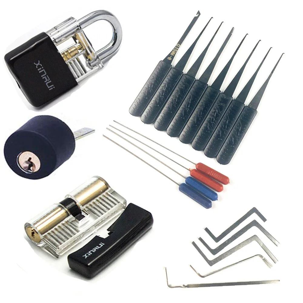 

Locksmith Supply Practice Set,3pcs /2pcs Transparent Lock with Black Cover,12pcs Lock Remove Tool ,5pcs Tension Wrench Tool