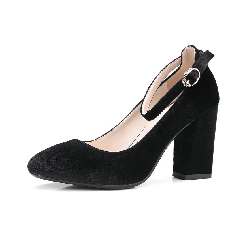 Eokkar/ женская обувь, золотые бархатные модные женские туфли-лодочки, квадратный высокий каблук, круглый носок, u-образный вырез, обувь для вечеринок, женские туфли-лодочки, размер 34-43 - Цвет: Черный