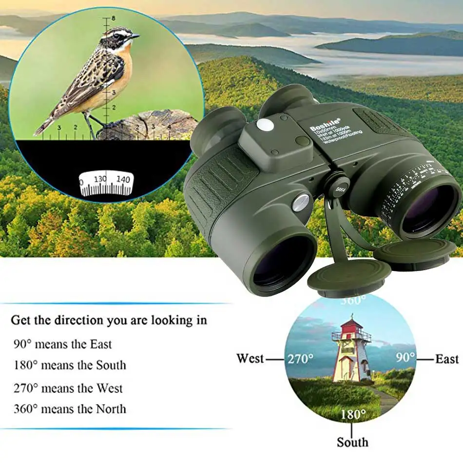Tactical Military Binoculars Bosile 10x50 Navy Binocular With Rangefinder and Compass Reticle Illuminant Telescope Waterproof