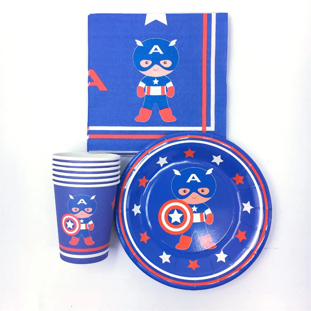 Тема Капитан Америка 20шт салфетки+ 20шт тарелки+ 20шт чашки для 20 человек использовать дети день рождения украшения
