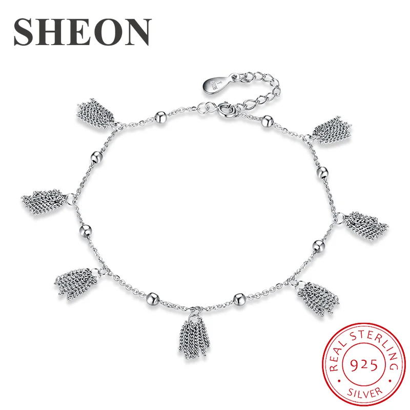 

SHEON New 925 Sterling Silver Anklet Woman Charm Pendant 100% Silver Foot Chain Ankle Bracelet Barefoot Sandals Summer Jewelry
