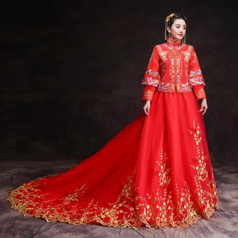 Роскошные Королевский Красный платья вышивка китайский Свадебные Qipao платье китайское традиционное платье Для женщин Oriental Qi Pao