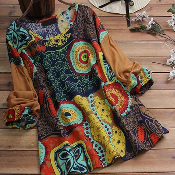 

Cotton Linen Blouses Shirts Loose Plus Size Top Woman O Neck Puff Long Sleeve Womens Tops And Blouses Retro Print Female Tunic
