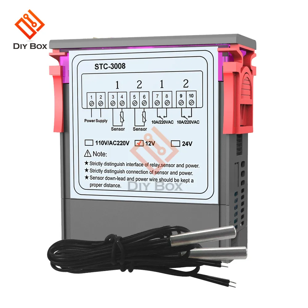 STC-3008, двойной светодиодный цифровой термостат, регулятор температуры постоянного тока 12 В 24 В переменного тока 110 В 220 В, инкубатор, внутренний регулятор нагрева и охлаждения
