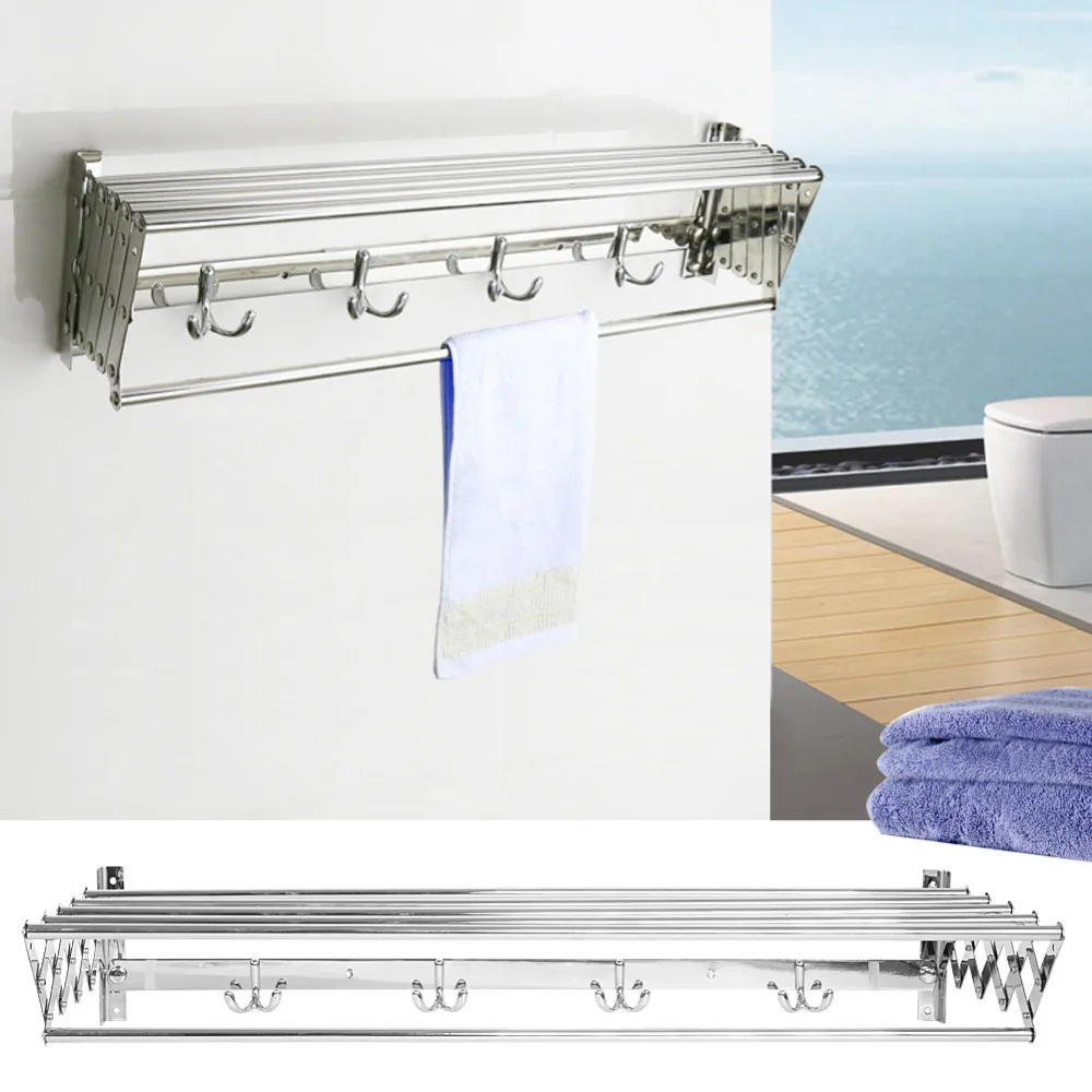 Foldable Stainless Steel Bathroom Towel Rack Holder Hanger With 5 Hooks