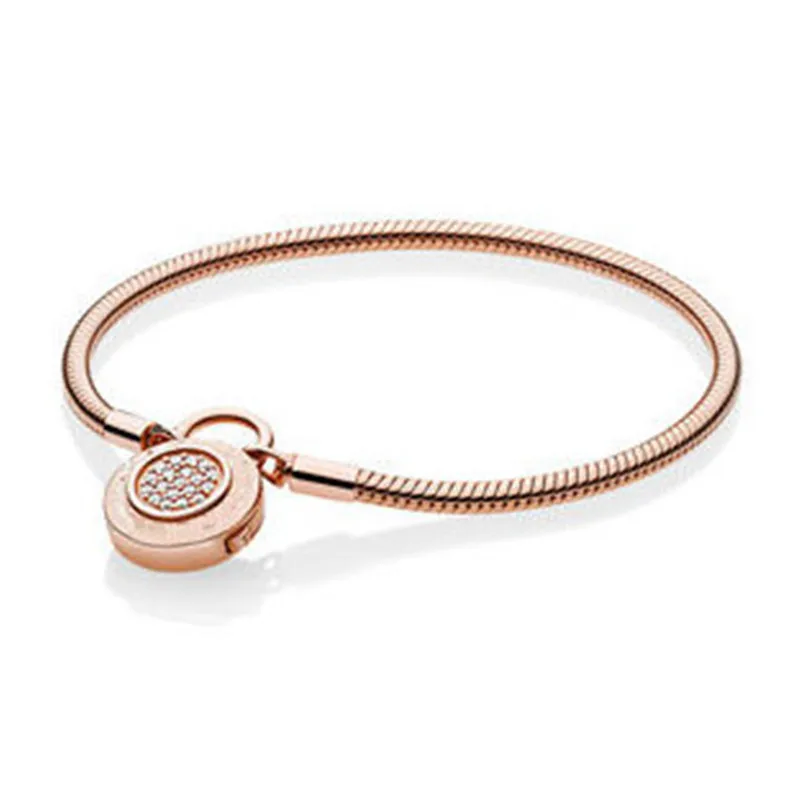 

New 925 Sterling Silver Snake Chain Fit Rose Gold Moments Smooth Bracelet With Pans Signature Padlock Clasp Women DIY Jewelry