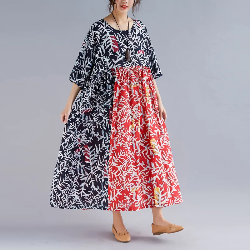 

Johnature 2019 New Bohemia Print Plus Women Dress Summer Patchwork Hit Color Loose Half Sleeve Simple Dresses