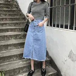 Для женщин джинсы Разделение бахрома длинные прямые юбки Высокая Талия кисточкой джинсовые Миди-юбки 2018 осень-зима Мода корейский леди