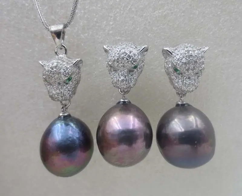 

leopard head Emerald eyes 14mm AAA black Kasumi pearl necklace earrings sets