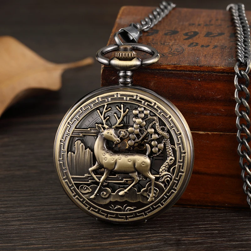 Vintage Deer Motif Hollow Hand-winding Pocket Watch Mechanical Double Cover Fob Chain Necklace Watches Steampunk Bronze Pendent | Наручные