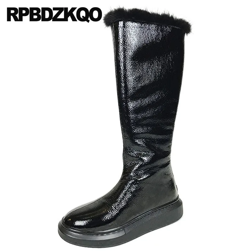 

Wide Calf Sheepskin Snow Waterproof Winter Boots Women Chinese Fashion Real Fur Knee High Shoes Patent Leather Black Australian