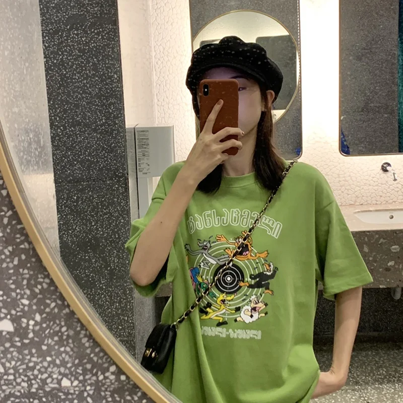 Летние корейские женские футболки с коротким рукавом harajuku футболка мультяшным