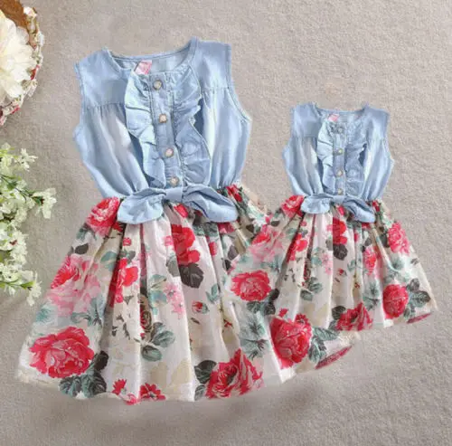 

Pudcoco 2019 Summer New Family Clothes Lady Mother Daughter Matching Summer Baby Girl Dress Denim Patchwork Outfit