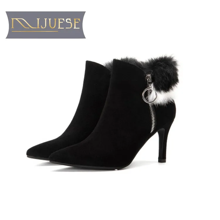 

MLJUESE 2018 women ankle boots cow Suede rabbit hair zippers winter short plush boots thin heel high heels snow boots