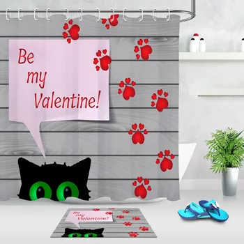 

LB Cartoon Black Cat Footprint Vintage rustic wooden board Shower Curtain with Mat Bathroom Fabric For Kids Girl Bathtub Decor