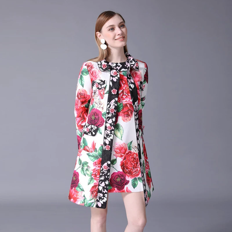 MoaaYina модное дизайнерское подиумное пальто весеннее женское элегантное пальто с длинным рукавом и отложным воротником с аппликацией в виде Розы и цветочным принтом