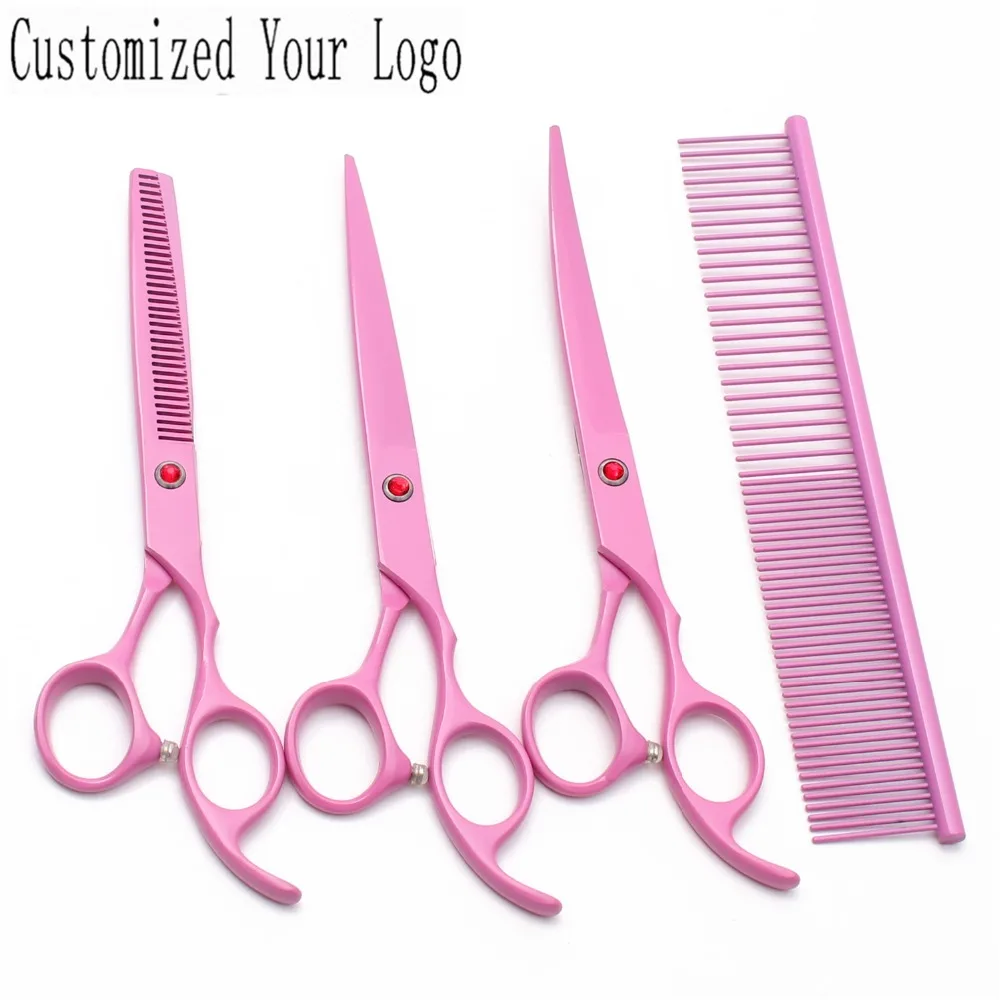 

7" Customized Logo Pink Stainless Dog Grooming Scissors Kit Straight Scissors Thinning Shears Curved Shears Pets Scissors C3103