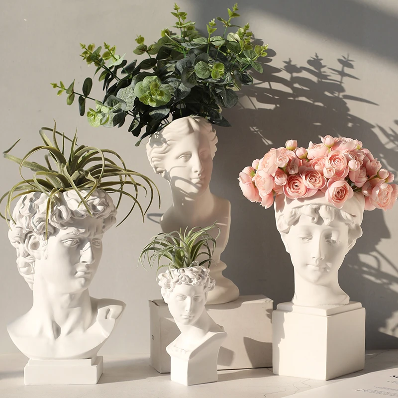Greek Goddess Resin Human Head Flower Vase Sculpture Modern Home Figurine Gift 