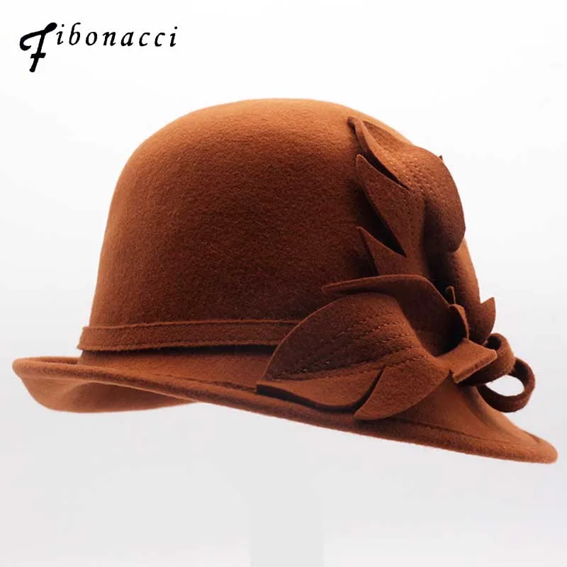 

Fibonacci 2018 New Autumn Winter Female Irregular Brim Fedoras Wool Felt Hat Dome Floral Trilby Bowler Women Fedora Hats