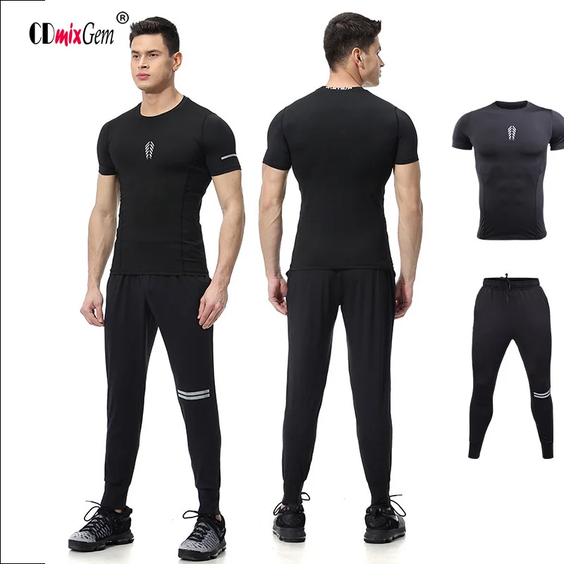 

Men's Spring New running sports suit quick-drying elastic breathable running suit summer compression t-shirt long pants