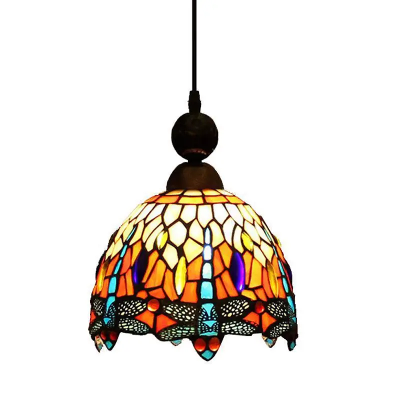 Pastoral Tiffany Dragonfly Bar Pendant Lamp Vintage European Dining Room Pendant Lamp Colored Glass Hallway Pendant Lamp