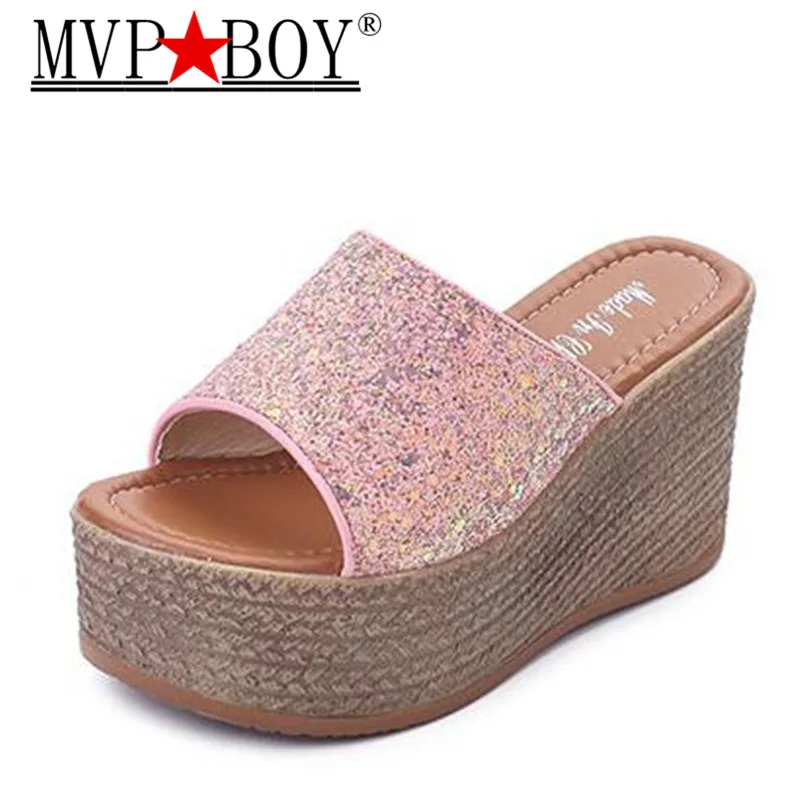 

Mvp Boy Platform 2018 Bling Metallic High Heels Women Slippers Womens Platform Wedge Shoes Summer Pink White Black