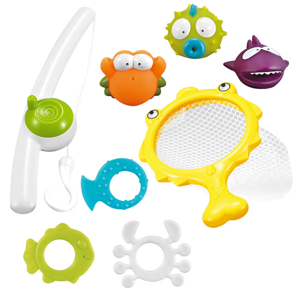 

Baby Fishing Toy Bathing Floating Soft Rubber Water Tub Squirts Spoon-Net 8pcs Outdoor Fishing Toys For Children Fishing Game