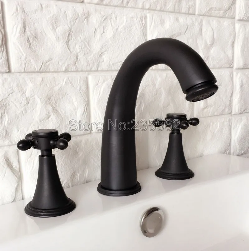 

Black Oil Rubbed Brass 3 Hole Widespread Bathroom Basin Faucet Deck Mounted Vessel Sink / Bathtub Dual Handle Mixer Taps lhg058