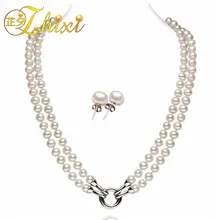 ZHIXI, ювелирный набор из жемчуга, хорошее ювелирное изделие, натуральный пресноводный жемчуг, ожерелье, серьги, рядом с круглым, Классический Подарок на годовщину для женщин T1