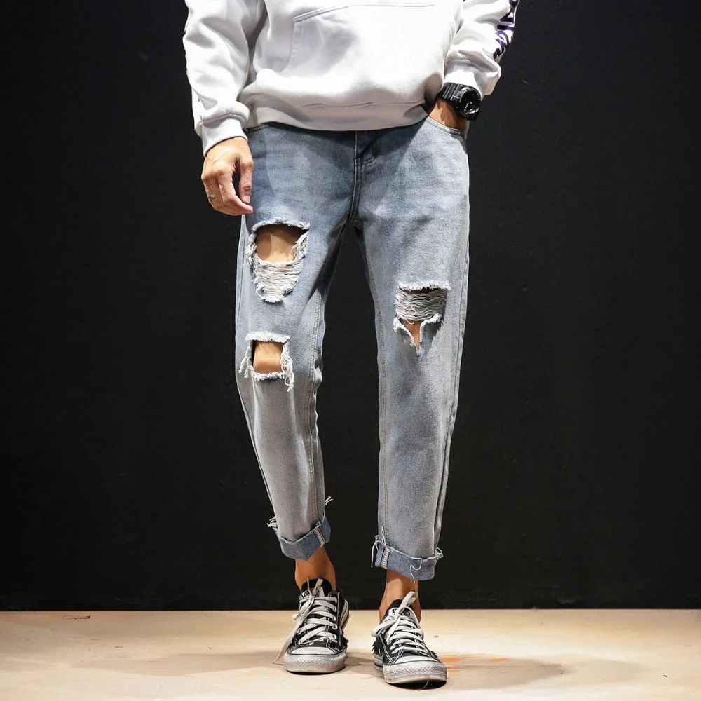 2018 nuevos Pantalones vaqueros de moda para hombre hasta el tobillo rasgados hasta la rodilla pantalones mezclilla de Hip Hop pantalones vaqueros azules pantalones vaqueros Casuales hombre|Pantalones vaqueros| -