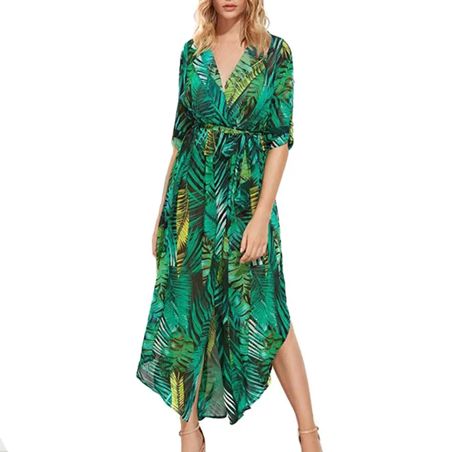 Special Offers 2018 New Irregular Chiffon Beach Cover Up Dress for Women Split Sexy Slim Beach Dress Leaves Print V-neck Beachwear Cover-Ups